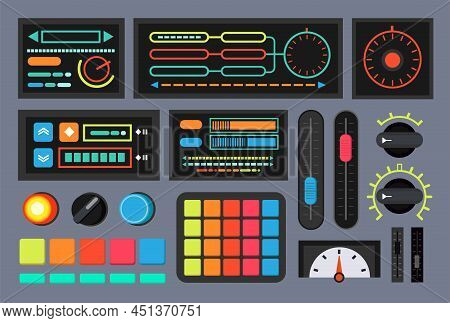 Switches And Buttons On Control Panel Vector Illustrations Set. Retro Control Console Or Terminal El