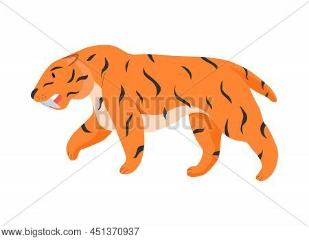 Primitive Man Caveman Composition With Isolated Image Of Walking Sabre Toothed Tiger Vector Illustra