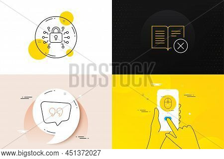 Minimal Set Of Security Lock, Reject Book And Quote Bubble Line Icons. Phone Screen, Quote Banners. 