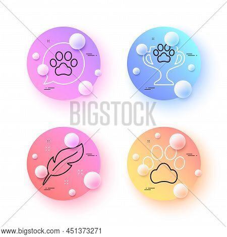 Winner Cup, Pets Care And Feather Minimal Line Icons. 3d Spheres Or Balls Buttons. Dog Paw Icons. Fo