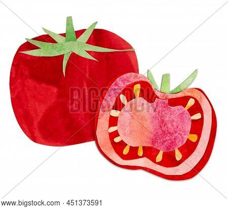 Hand-drawn Watercolor Papercut Red Tomatoes. Bright Cute Kawaii Kidcore Style Illustration, Good For