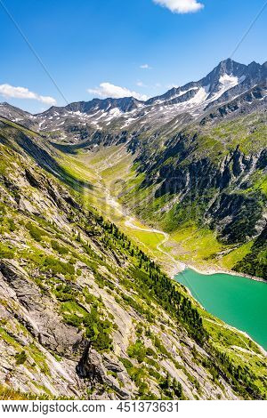 Beautiful Alpine Walley With Azure Blue Water Of Speicher Zillergrundl Dam, Zillertal Alps, Austria