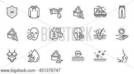 Outline Set Of Pants, Serum Oil And Problem Skin Line Icons For Web Application. Talk, Information, 