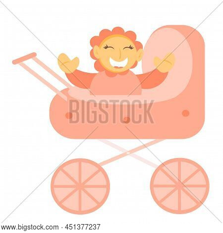 Pink Stroller With A Smiling Baby. Girl In A Stroller