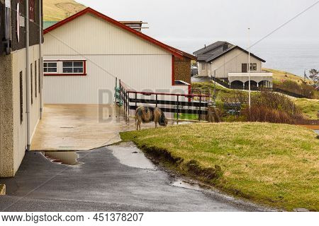 Gjogv, Faroe Islands, Denmark - 05 May 2018: Small Village Gjogv Situated On The Slope Of The Mounta