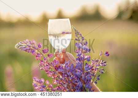Woman Holds A Wine Glass With Purple Lupinus In The Meadow At Sunset. Wellness And Natural Concept. 