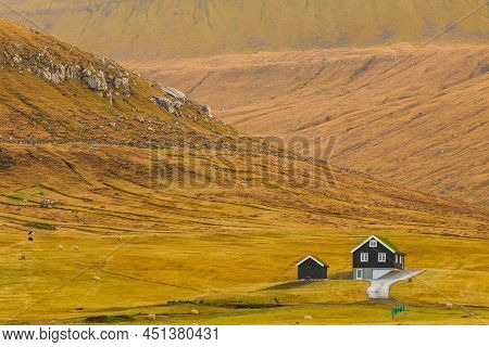 Traditional Faroese Turf Rooftop House On Eysturoy Island. Sheep Are Grazing In The Meadow. Gjogv, F