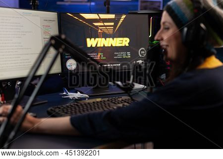 Woman Live Streaming Online Video Games On Computer. Person Broadcasting Gameplay, Playing Live On S
