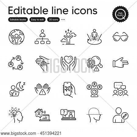 Set Of People Outline Icons. Contains Icons As Flight Mode, Idea And Clean Hands Elements. Face Scan
