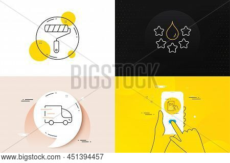 Minimal Set Of Quality, Technical Documentation And Paint Roller Line Icons. Phone Screen, Quote Ban