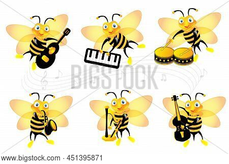 Honey Bee Cartoon With Music Instrument Illustration