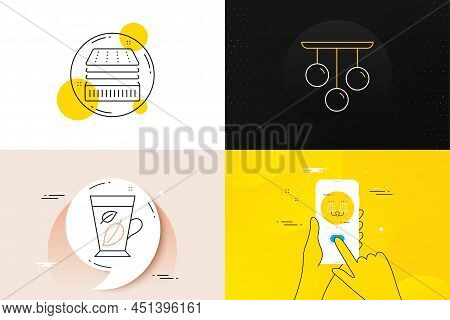 Minimal Set Of Mint Leaves, Deluxe Mattress And Ceiling Lamp Line Icons. Phone Screen, Quote Banners