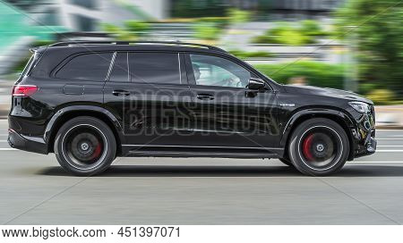 Mercedes-benz Amg Gls 63 Suv Car Driving On City Road, Motion Blur Dynamic. Moscow, Russia - July 20