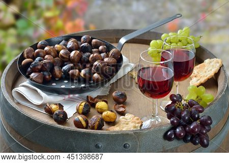 Wine Tasting In South Tyrol With Roasted Chestnuts And The Local Crunchy Rye Bread, So-called Schuet