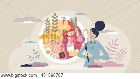 Food Plate With Balanced Meal Ingredients Proportion Tiny Person Concept. Dining Menu With Healthy P