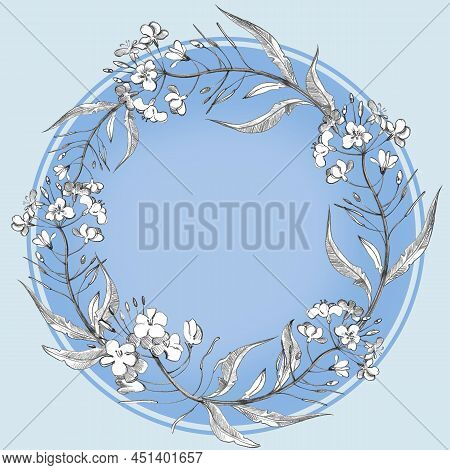 Hand Draw Floral Round Pattern In Vintage Style. Flowers, Leaves And Herbs. Botanical Illustrations.