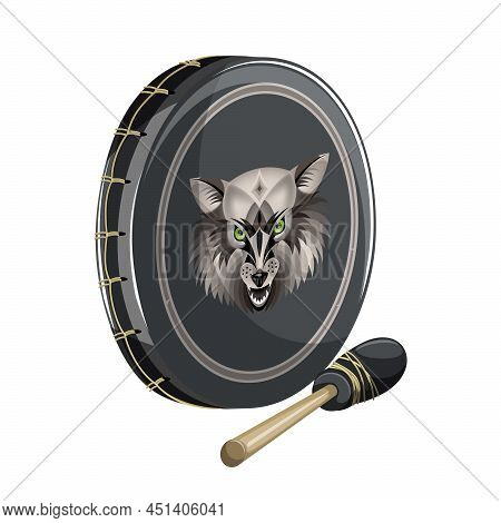 Vector Image Of A Standing Tambourine With A Mallet Lying Next To It, Isolated On A White Background