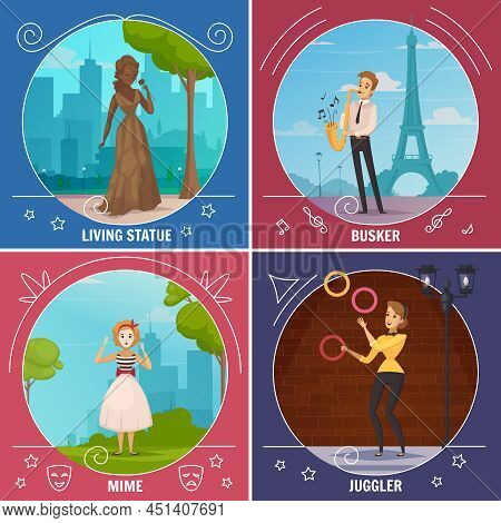 Street Artists 2x2 Cartoon Design Concept With Busker Mime Juggler And Living Statue Compositions Fl