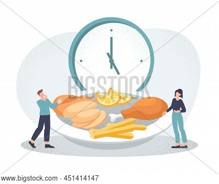 Balancing Daily Meals. Man And Girl Make Up Diet, Healthy Nutrition. Balance, Proteins, Fats And Car