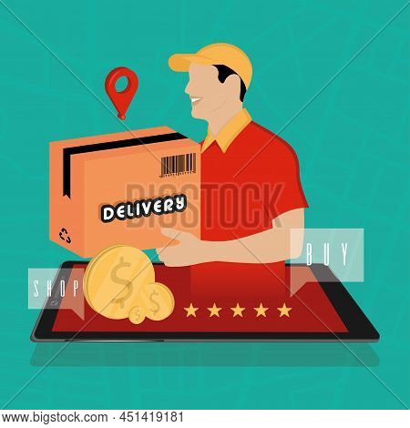 Delivery Guy Commint Out Of A Cellphone Delivery Concept Art Vector Illustration