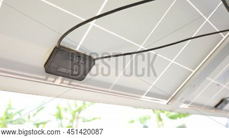 Solar Junction Box. Blocking Diode Missing Or Damaged Cover At The Bottom Of A Mono Solar Panel In A