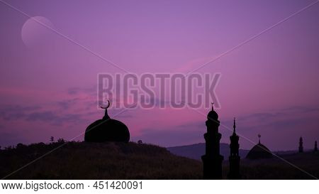 Ramadan, Eid Ai-fitr,new Year Muharram Islamic Religion Symbols With Mosques Dome,moon Silhouette On