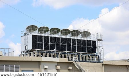 Industrial Air Conditioner On The Roof. A Large Air Conditioned Or Wind Control System In A Large Bu