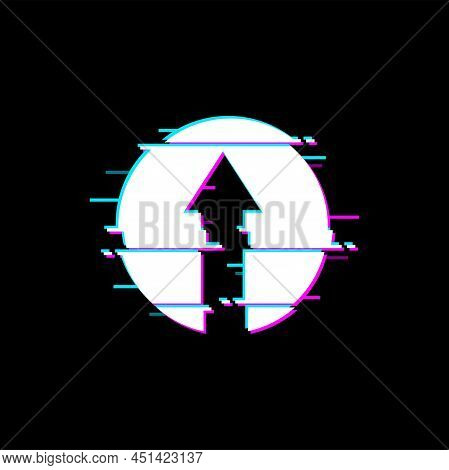 Up Arrow Button With Glitched Effect In Digital Noise Circle Isolated Pointer Web Navigation Design 