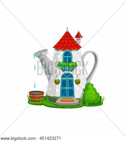 Cartoon Fairytale Watering Can House Building Or Dwelling Of Elf And Gnome, Vector Village Hut. Fair