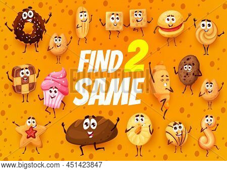 Cartoon Bakery, Pastry, Cakes And Cookies, Find Two Same Personages Game Vector Worksheet. Brain Puz