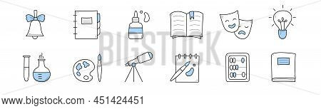 Set Of School, Science And Education Doodle Icons. Bell, Globe, Notebook, Glue, Theatrical Mask And 