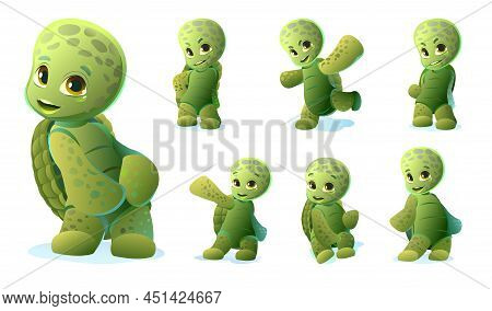 Set Of Little Turtle. Cartoon Person Stands And Smiles. Fun Style. Child Animal. Pet Kid. Isolated O