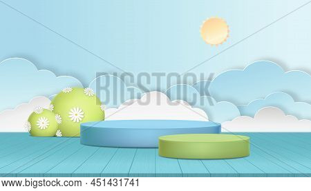 Spring Background 3d Green Cylinder Podium, Flower Bloosom On Tree,paper Cut Cloud Layer On Blue Sky