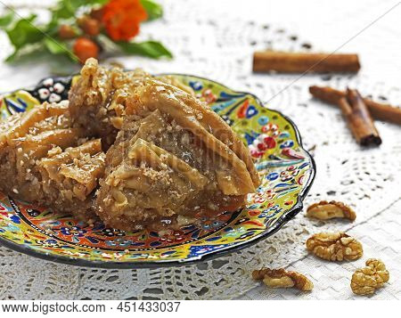 Traditional Dessert Of Lesvos Island(diples),made Of Phyllo , Crushed Chestnut And Aromatic Syrup