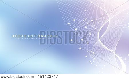 Digits Abstract Background With Connected Line And Dots, Wave Flow. Digital Neural Networks. Network