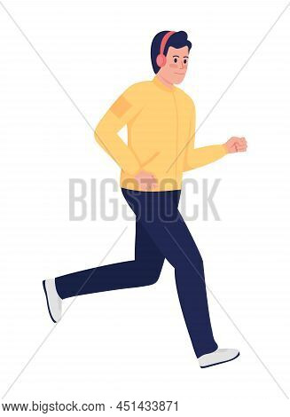 Smiling Male Athlete With Earphones Semi Flat Color Vector Character. Running Figure. Full Body Pers