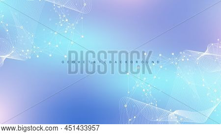 Digits Abstract Background With Connected Line And Dots, Wave Flow. Digital Neural Networks. Network