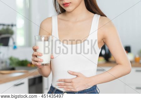 Pain, Allergy Asian Young Woman, Girl Hand In Belly Suffer After Drink Glass Of Milk, Unhappy And Ba