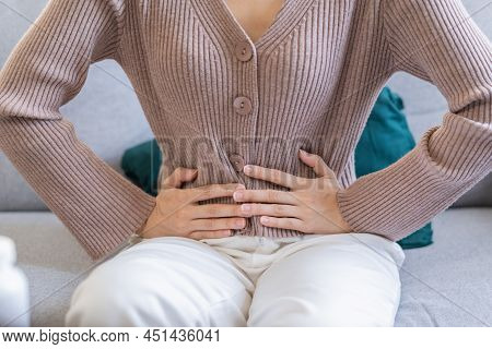 Flatulence Young Asian Woman, Girl Hand In Stomach Ache, Suffer From Food Poisoning, Abdominal Pain 
