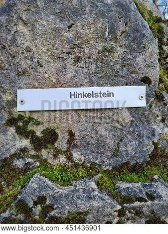 Menhir Megalithic Stone In Velbert Germany With Inscription In Deutsch- Hinkelstein. Large Megalithi