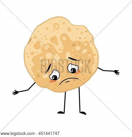 Pancake Character With Sad Emotions, Depressed Face, Down Eyes, Arms And Legs. Baking Person, Homema