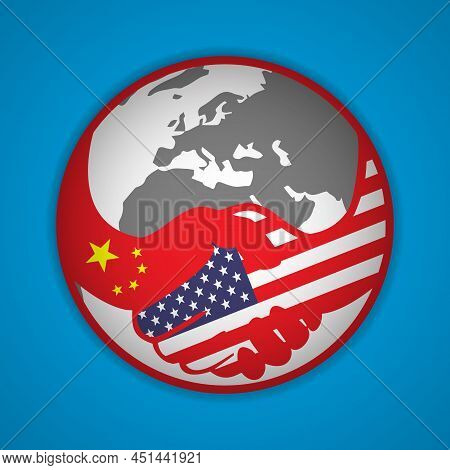 Handshake Logo. Flags Of Usa And China. Economic Cooperation. Partnership, Frienship. Vector Illustr