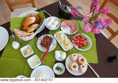 Easter Breakfast Table In Poland. Easter Foods In Europe. Easter In Poland - Wielkanoc.