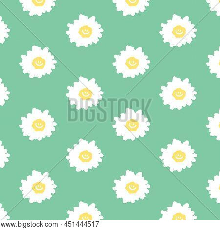 Hand Drawn Vector Illustration Of Daisy Flower With Smiley Face Pattern In Cartoon Style. Pattern Fo