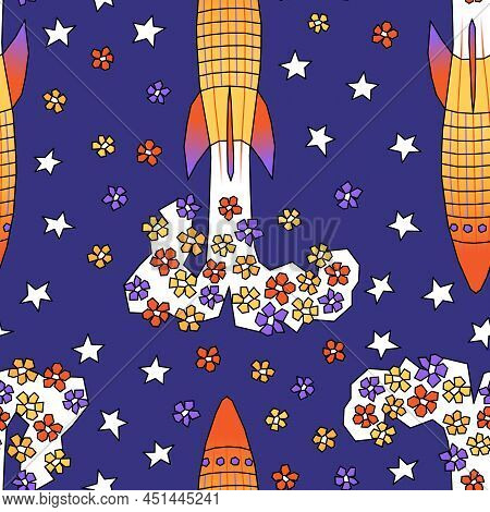 Vector Seamless Retro Pattern With Flower-fuelled Rockets Taking Off Into Space