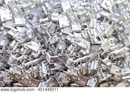 Electronic Industry Concepts. Batch Of Silver Tinned External Connectors For Pcb Placed Bulk On Whit