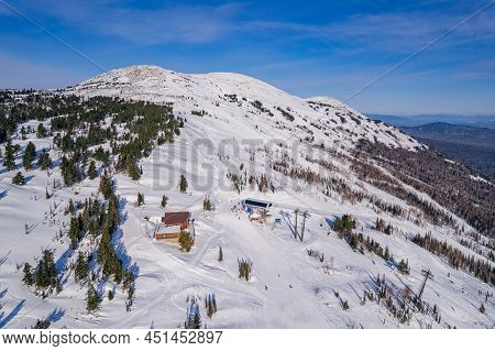 Sheregesh Ski Lift Resort Winter, Landscape Mountain And Hotels, Aerial Top View Russia Kemerovo Reg