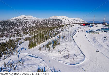 Aerial Top View Landscape Sheregesh Ski Lift Resort Winter, Mountain And Hotels, Russia Kemerovo Reg
