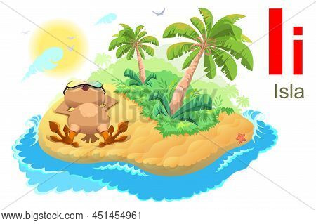 Spanish Alphabet Letter I Island. Owl Lie Down And Sunbathe Beach Tropical Island
