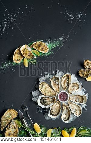 Open Shucked Fresh Oysters With Lemon And Rose Wine In Ice Bucket On Dark Background Copy Space